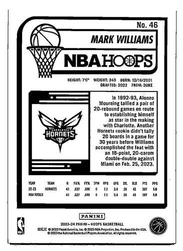 2023-24 Panini Hoops Blue #46 Mark Williams NM-MT Hornets ID:68354 - Basketball Card Single