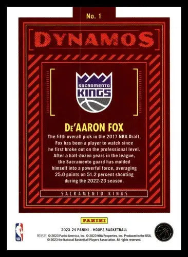 De’Aaron Fox basketball card from Panini Hoops Dynamos 2023-24 series