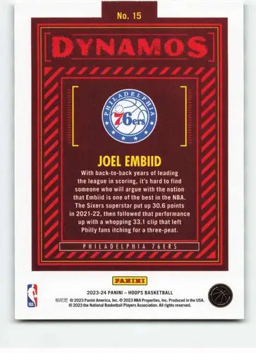 Original gloss Panini Hoops Dynamos Joel Embiid basketball card from 2023-24 Panini Hoops