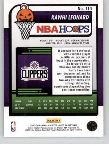 Back of 2023-24 Panini Hoops Haunted Kawhi Leonard NBA trading card showing details