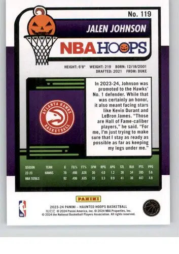 Back of a Jalen Johnson 2023-24 Panini Haunted Hoops basketball card with original gloss