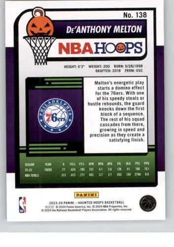 Basketball card back showing Panini Hoops Haunted original gloss for 2023-24 De’Anthony Melton