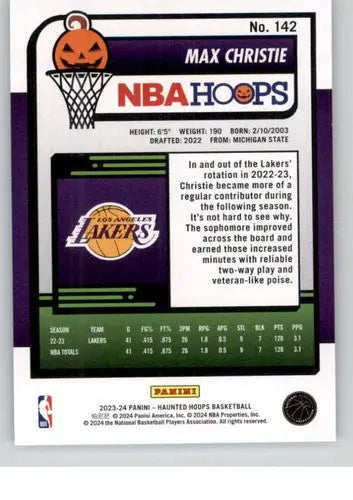 Original gloss Panini Hoops Haunted 2023 Max Christie NBA basketball card and Lakers