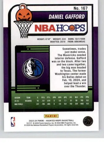 Basketball card back from Panini Hoops Haunted 2023 24 Daniel Gafford Mavericks