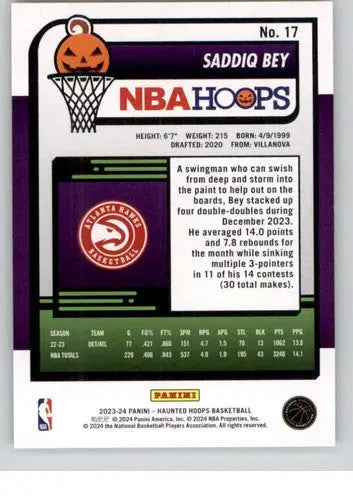 Back of 2023-24 Panini Hoops Haunted Saddiq Bey trading card with stats and description