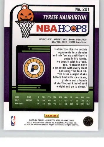 Tyrese Haliburton basketball card from 2023-24 Panini Hoops Haunted series, Pacers collectible