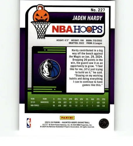 Jaden Hardy basketball card from 2023-24 Panini Hoops Haunted series featuring Mavericks