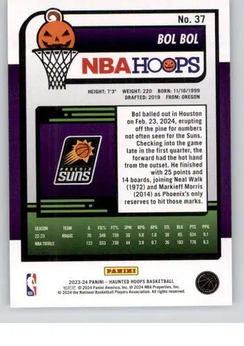 Back of a Bol Bol NBA Hoops Haunted trading card showing original gloss detail