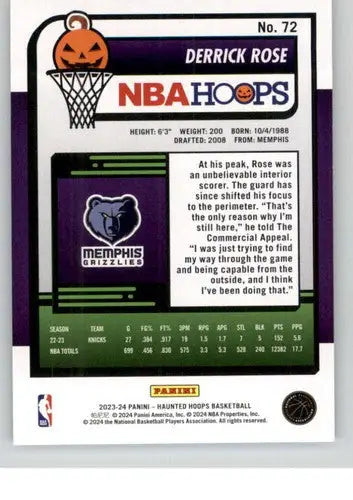 Back of a Derrick Rose NBA Hoops Haunted trading card with original gloss from 2023-24 Panini Hoops