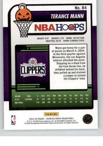 2023 24 Panini Hoops Haunted Terance Mann trading card with player stats and game play