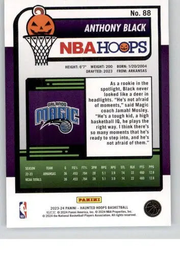 Back of an Anthony Black NBA trading card from 2023-24 Panini Hoops Haunted series with original gloss