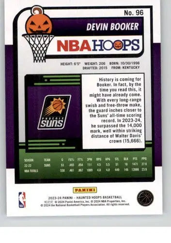 Original gloss Panini Hoops Haunted Devin Booker trading card with Halloween design and stats
