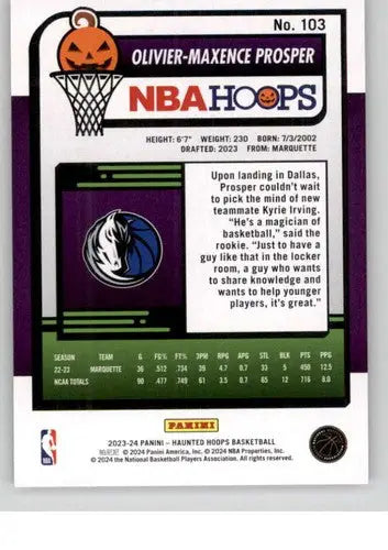 Original gloss Panini Hoops Haunted basketball trading card of Olivier-Maxence Prosper