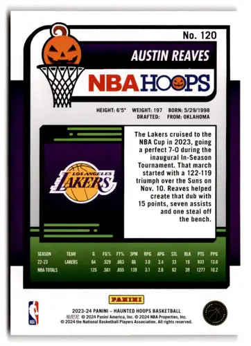 Back of an Austin Reaves NBA trading card from Panini Hoops Haunted Orange series
