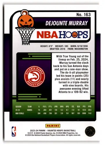 Dejounte Murray basketball card from 2023-24 Panini Hoops Haunted Orange series