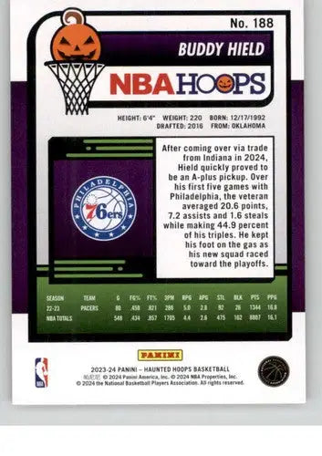 Basketball card from 2023-24 Panini Hoops Haunted Orange series featuring Buddy Hield