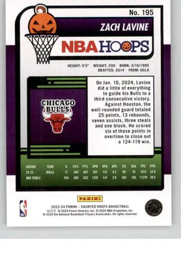Basketball card back featuring Zach LaVine from 2023-24 Panini Hoops Haunted Orange series
