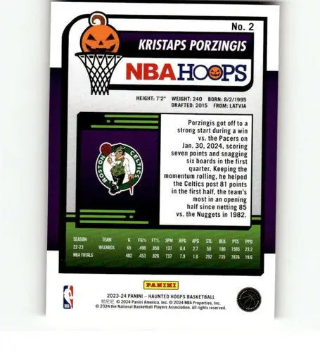 Back of a Kristaps Porzingis 2023-24 Panini Hoops Haunted Orange trading card