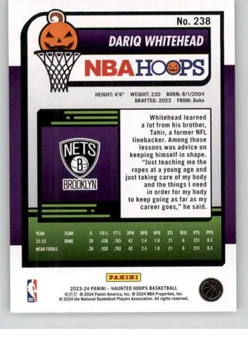 Dariq Whitehead Panini Hoops Haunted Orange basketball card from 2023-24 Nets collection