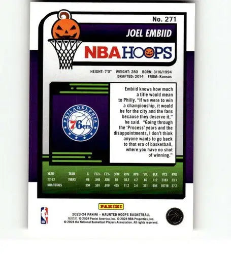 Original gloss of Joel Embiid basketball card from Panini Hoops Haunted Orange series