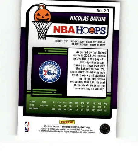 Back of 2023-24 Panini Hoops Haunted Orange Nicolas Batum trading card