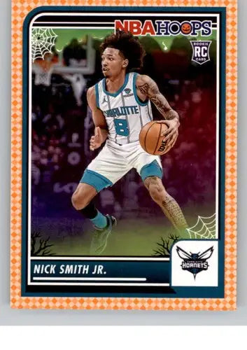 Original gloss Panini Hoops Haunted Halloween card of Nick Smith Jr. Hornets in hoops haunted orange