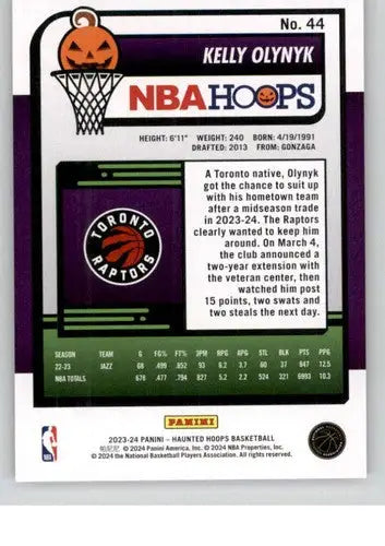 Back of 2023-24 Panini Hoops Haunted Orange Kelly Olynyk trading card with original gloss