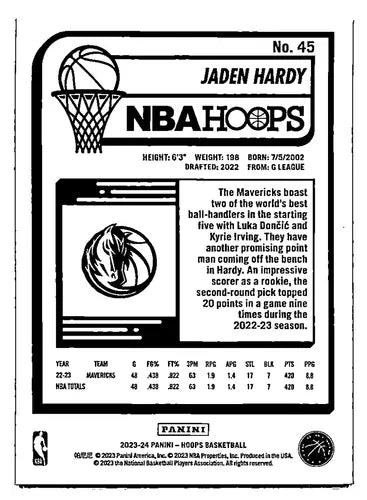 2023 24 Panini Hoops Purple Jaden Hardy NBA basketball card Mavericks NM MT