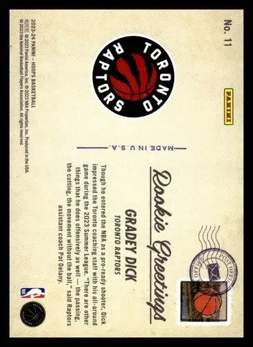 Panini Hoops rookie card of Grady Dick from 2023-24 Panini Hoops Rookie Greetings series