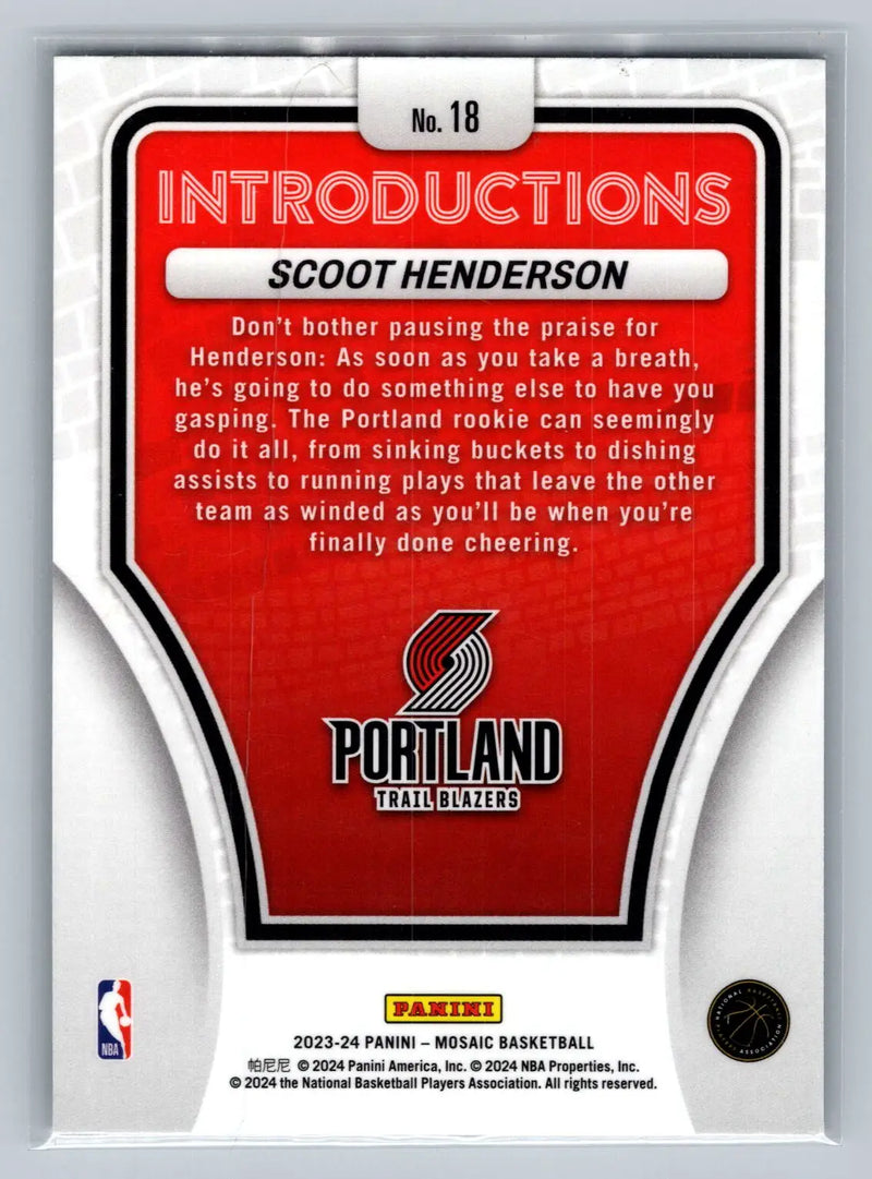 2023-24 Panini Mosaic #18 Scoot Henderson Introductions Portland Trail Blazers - Basketball Card Single