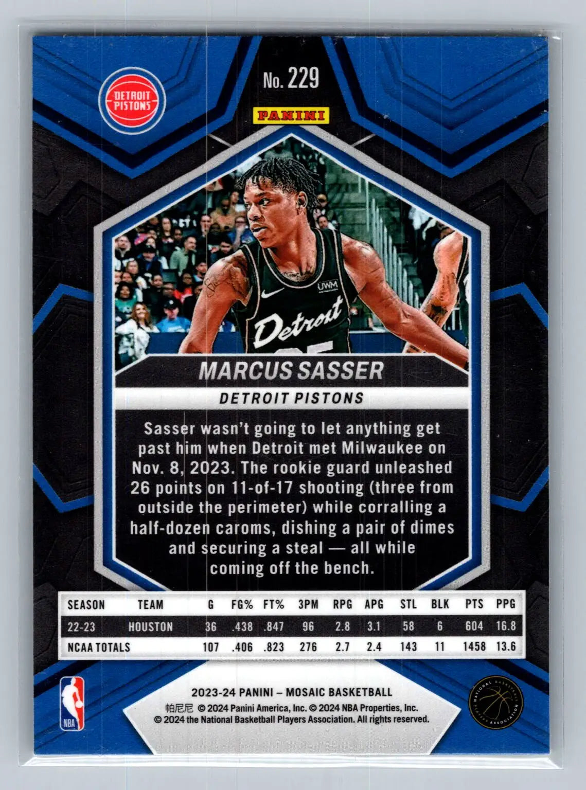 2023-24 Panini Mosaic #229 Marcus Sasser Detroit Pistons Rookie - Basketball Card Single
