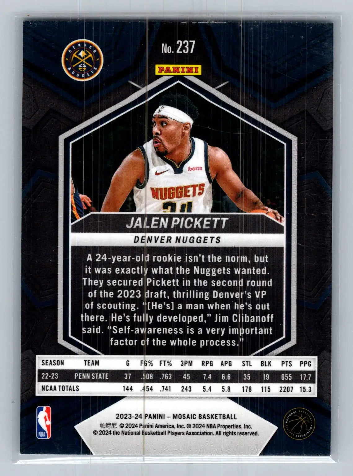 2023-24 Panini Mosaic #237 Jalen Pickett Denver Nuggets Rookie - Basketball Card Single