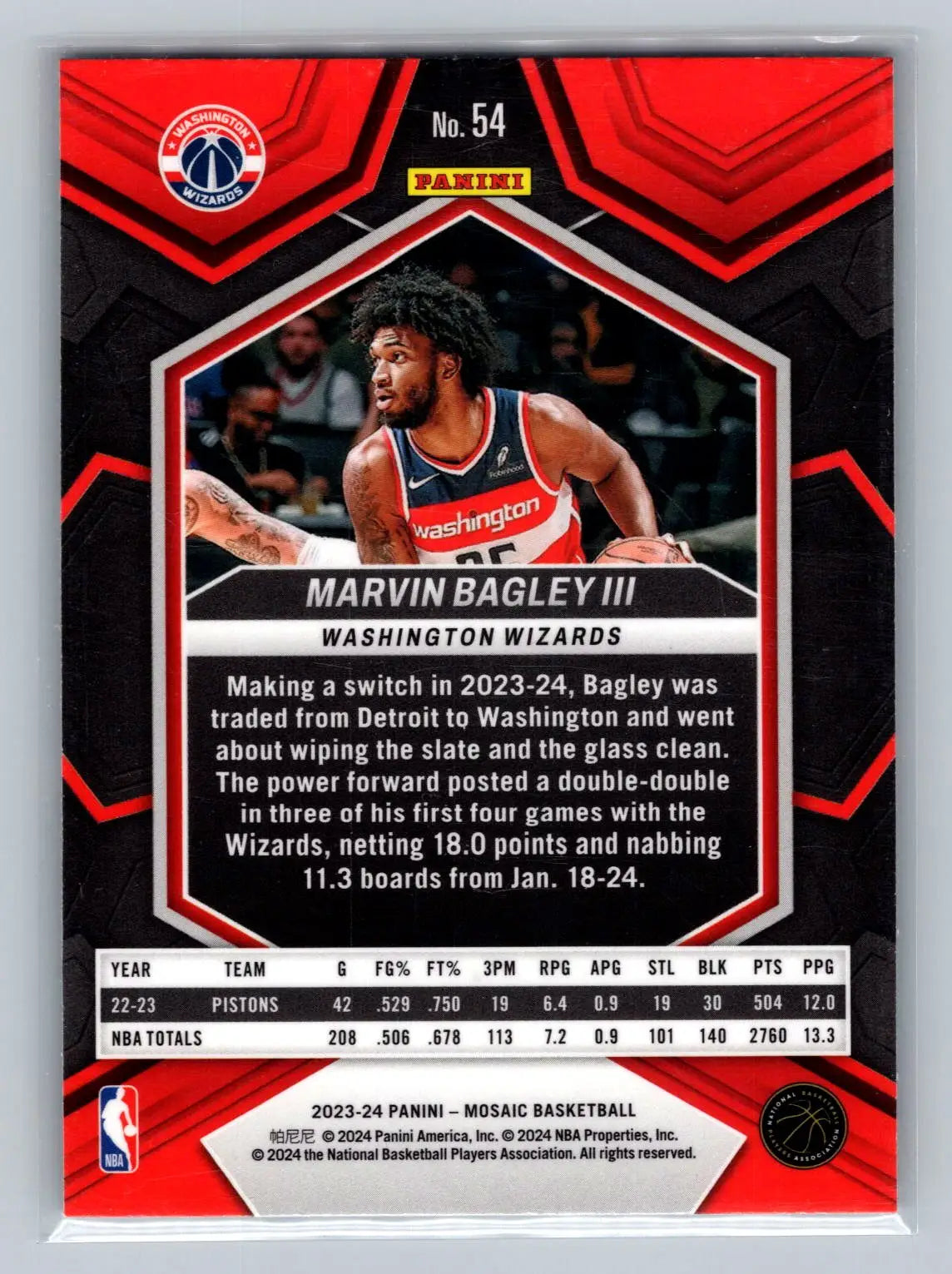 2023-24 Panini Mosaic #54 Marvin Bagley III Washington Wizards - Basketball Card Single