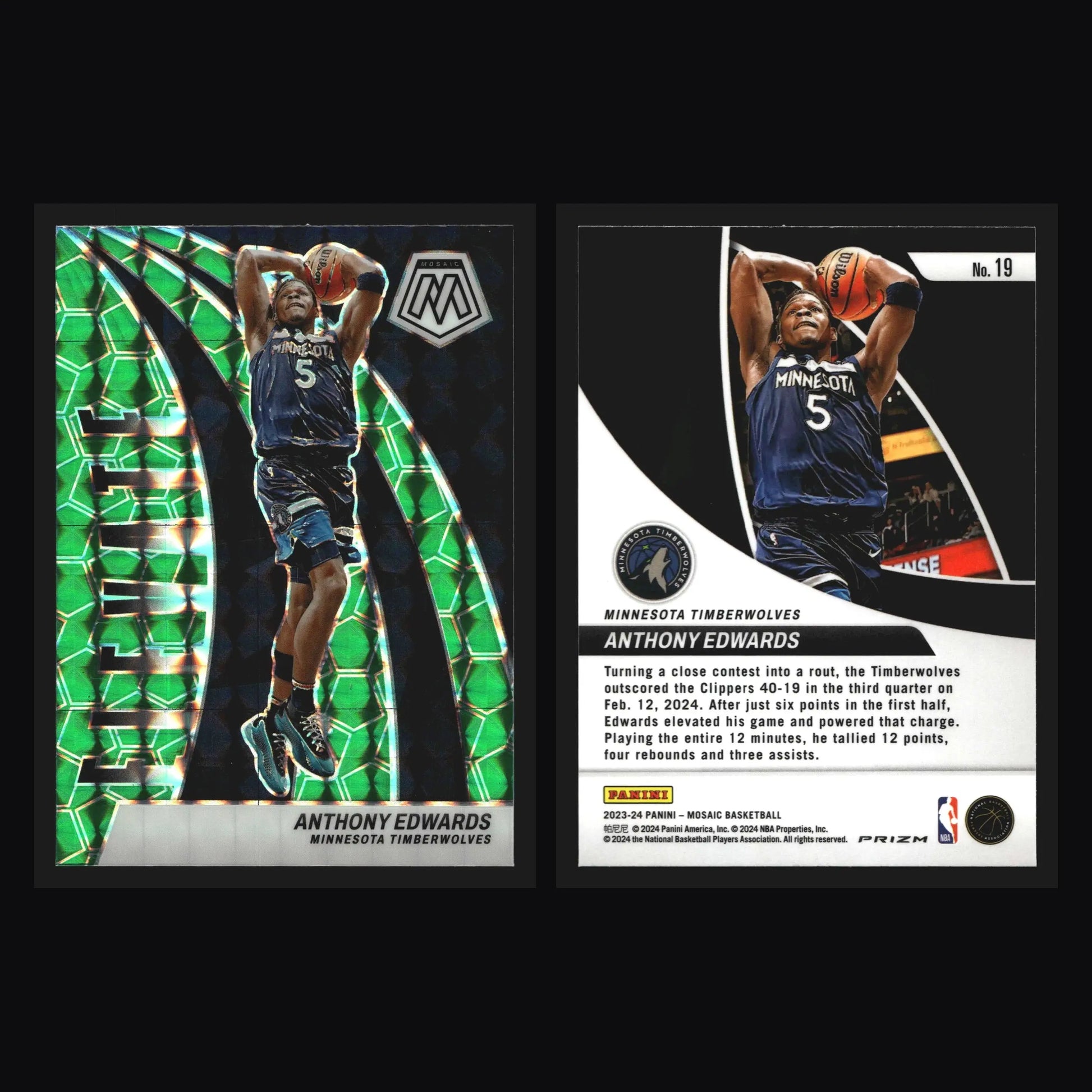 2023-24 Panini Mosaic Anthony Edwards #19 Elevate Green Mosaic Prizm - Basketball Card Single
