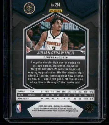 2023-24 Panini Mosaic Julian Strawther #214 RC Basketball - Basketball Card Single