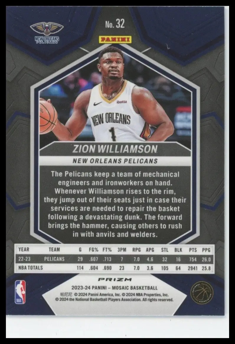2023-24 Panini Mosaic - Zion Williamson #32 Reactive Blue Mosaic Prizm
