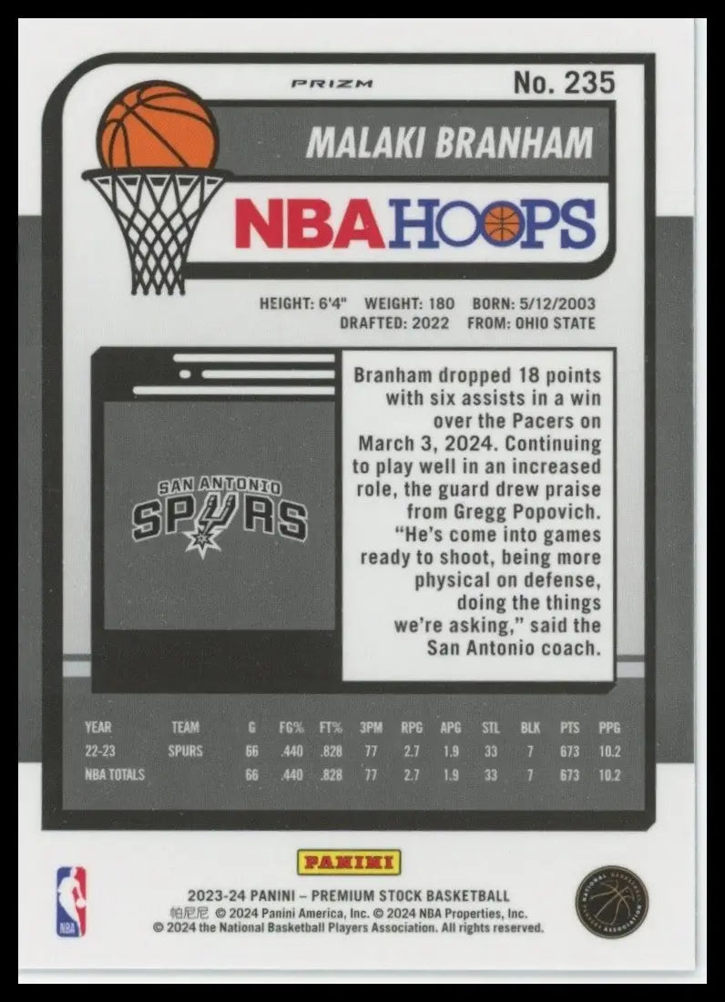 2023-24 Panini Nba Hoops Premium Seismic Malaki Branham #235 San Antonio Spurs - Basketball Card Single