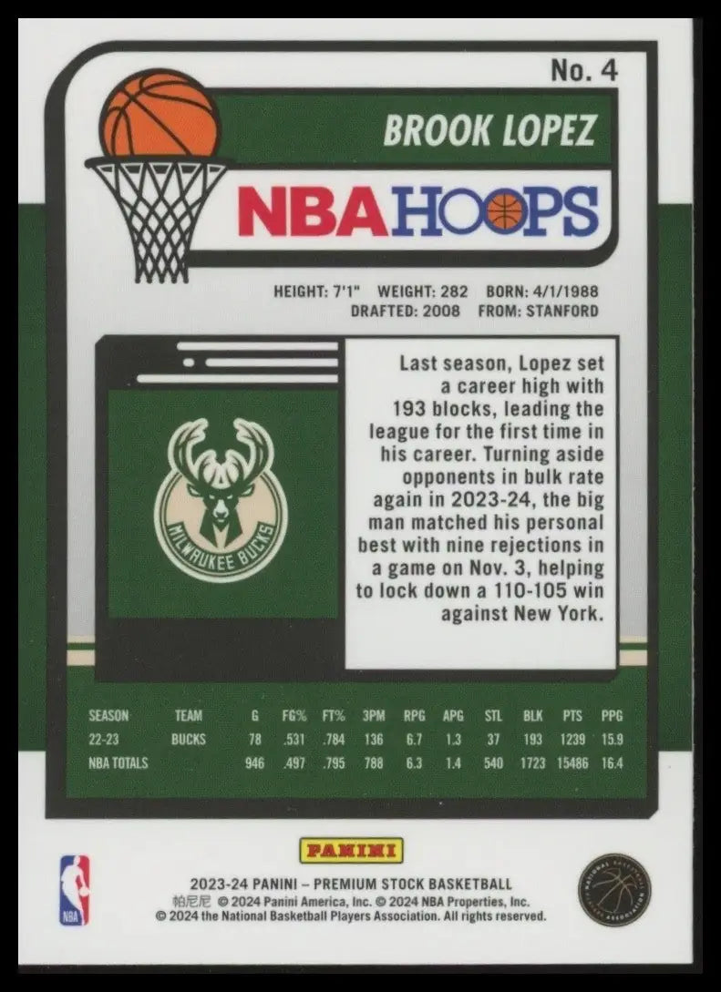 2023-24 Panini Nba Hoops Premium Stock Brook Lopez #4 Milwaukee Bucks Basketball - Basketball Card Single