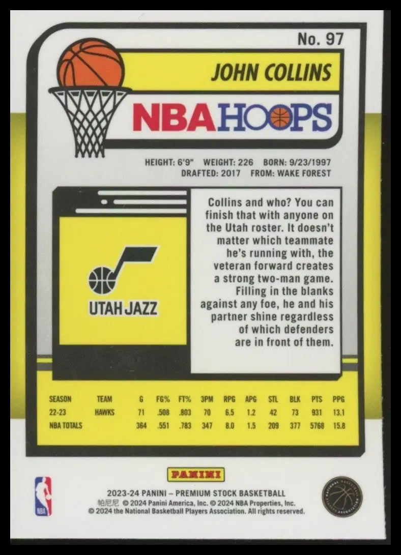 2023-24 Panini Nba Hoops Premium Stock John Collins #97 Utah Jazz Basketball NBA - Basketball Card Single