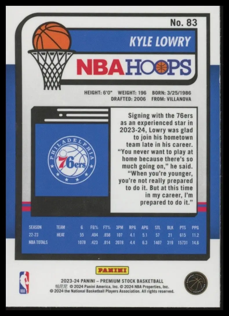 2023-24 Panini Nba Hoops Premium Stock Kyle Lowry #83 Philadelphia 76ers Card - Basketball Card Single