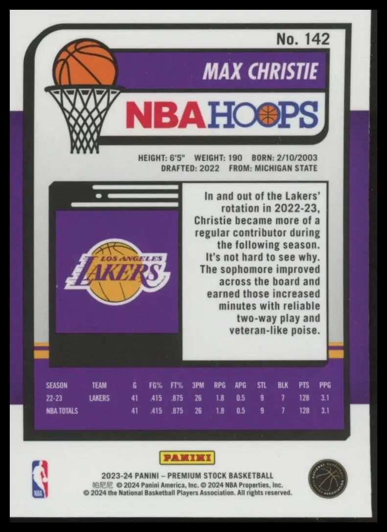 2023-24 Panini Nba Hoops Premium Stock Max Christie #142 Los Angeles Lakers Card - Basketball Card Single