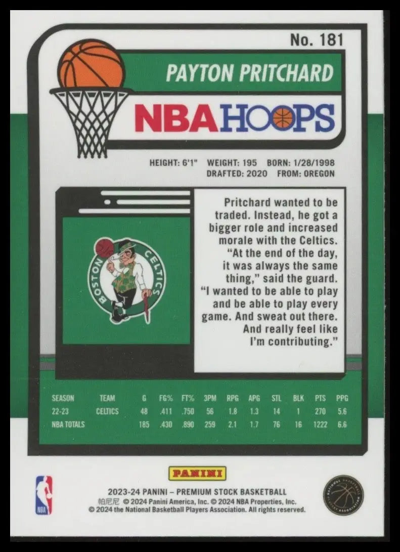 2023-24 Panini Nba Hoops Premium Stock Payton Pritchard #181 Boston Celtics Card - Basketball Card Single