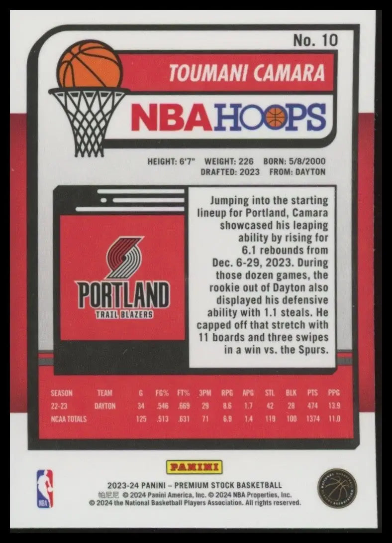 2023-24 Panini Nba Hoops Premium Stock Toumani Camara #10 Rookie Portland TB NBA - Basketball Card Single