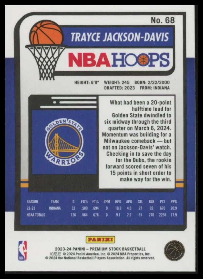 2023-24 Panini Nba Hoops Premium Stock Trayce Jackson Davis #68 Rookie Warriors - Basketball Card Single