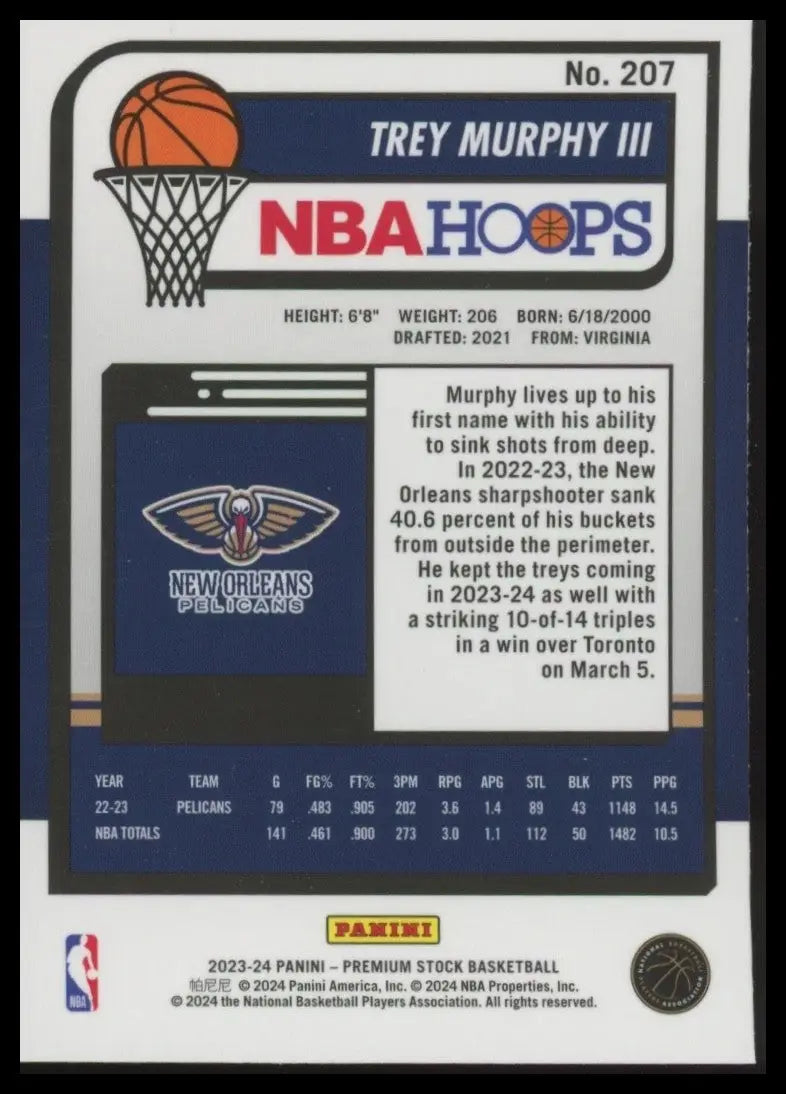 2023-24 Panini Nba Hoops Premium Stock Trey Murphy III #207 New Orelans Pelicans - Basketball Card Single
