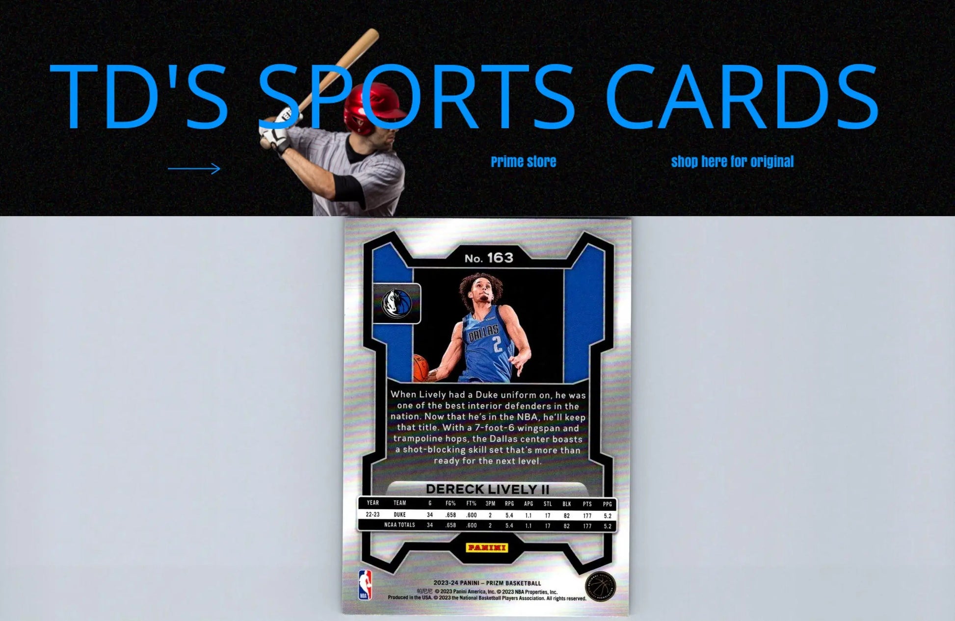 Dereck Lively II basketball card from 2023-24 Panini Prizm trading cards collection