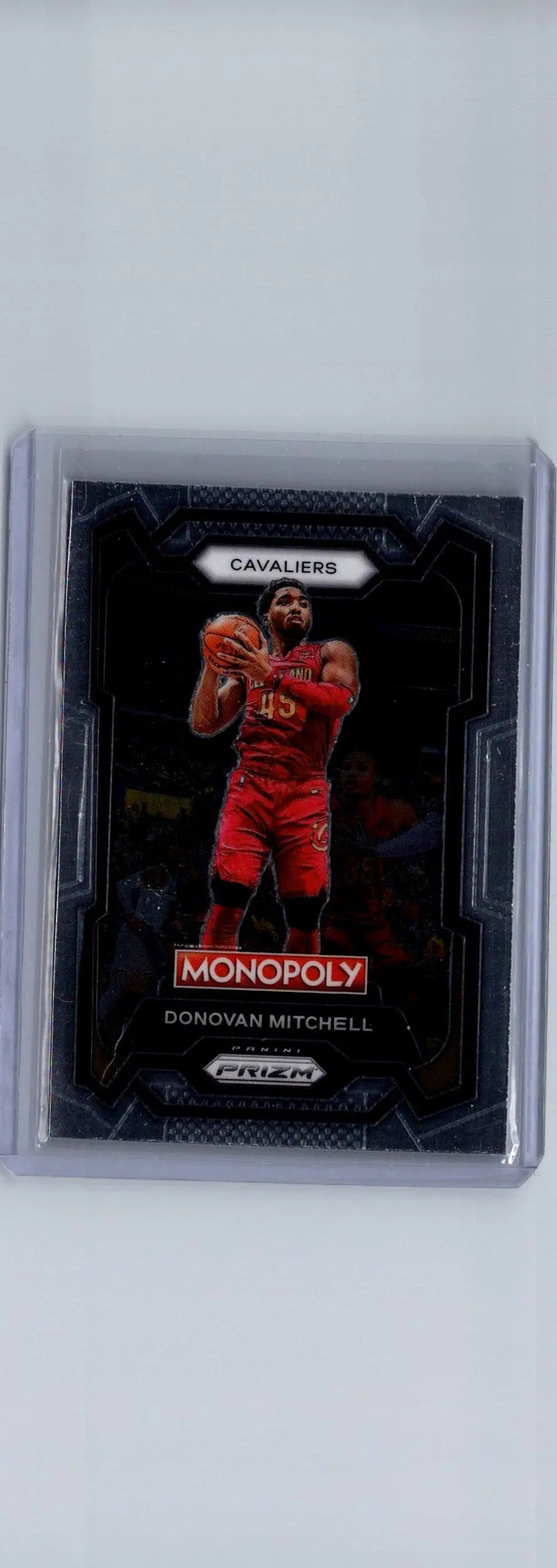 Donovan Mitchell basketball trading card in protective case from Panini Prizm Monopoly series
