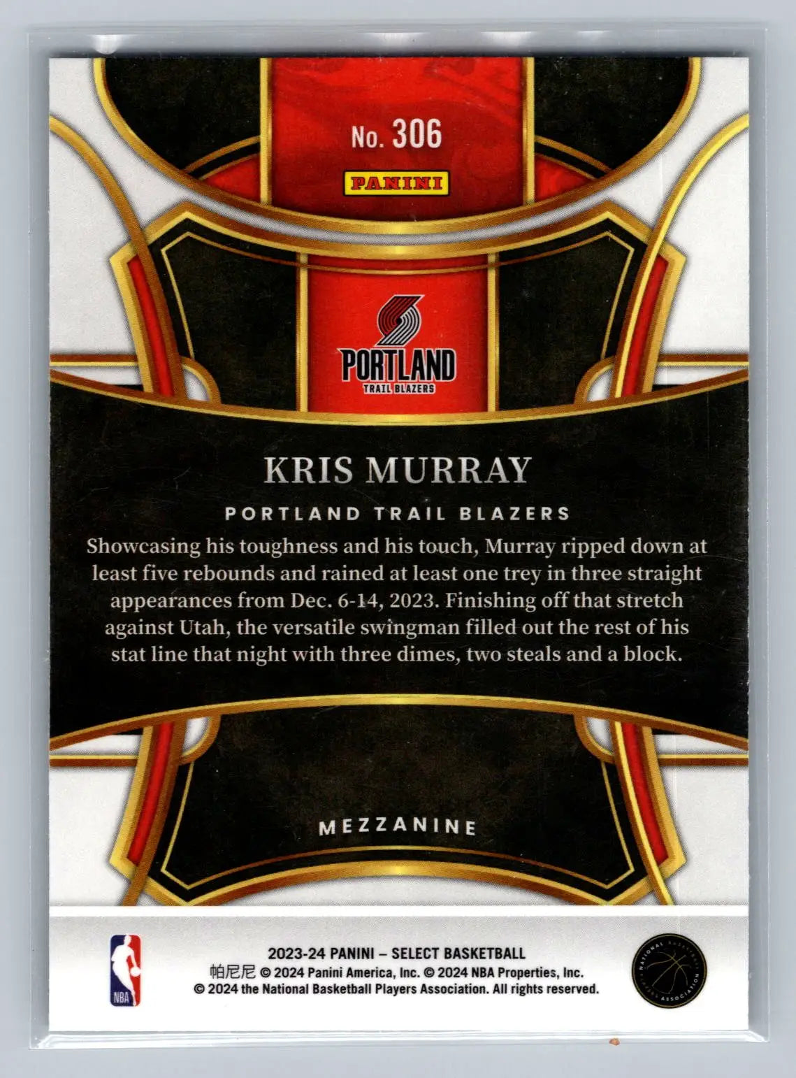 2023-24 Panini Select #306 Kris Murray Portland Trail Blazers Rookie - Basketball Card Single