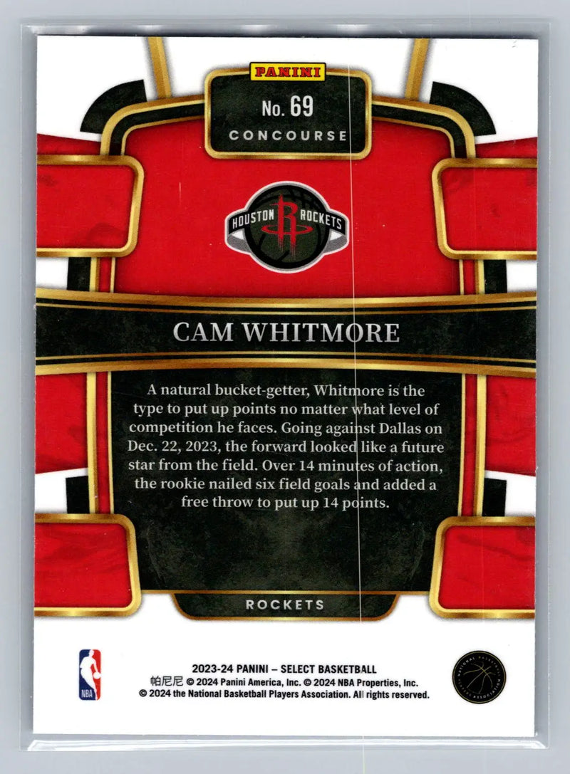 2023-24 Panini Select #69 Cam Whitmore Blue (Retail Base) Houston Rockets Rookie - Basketball Card Single