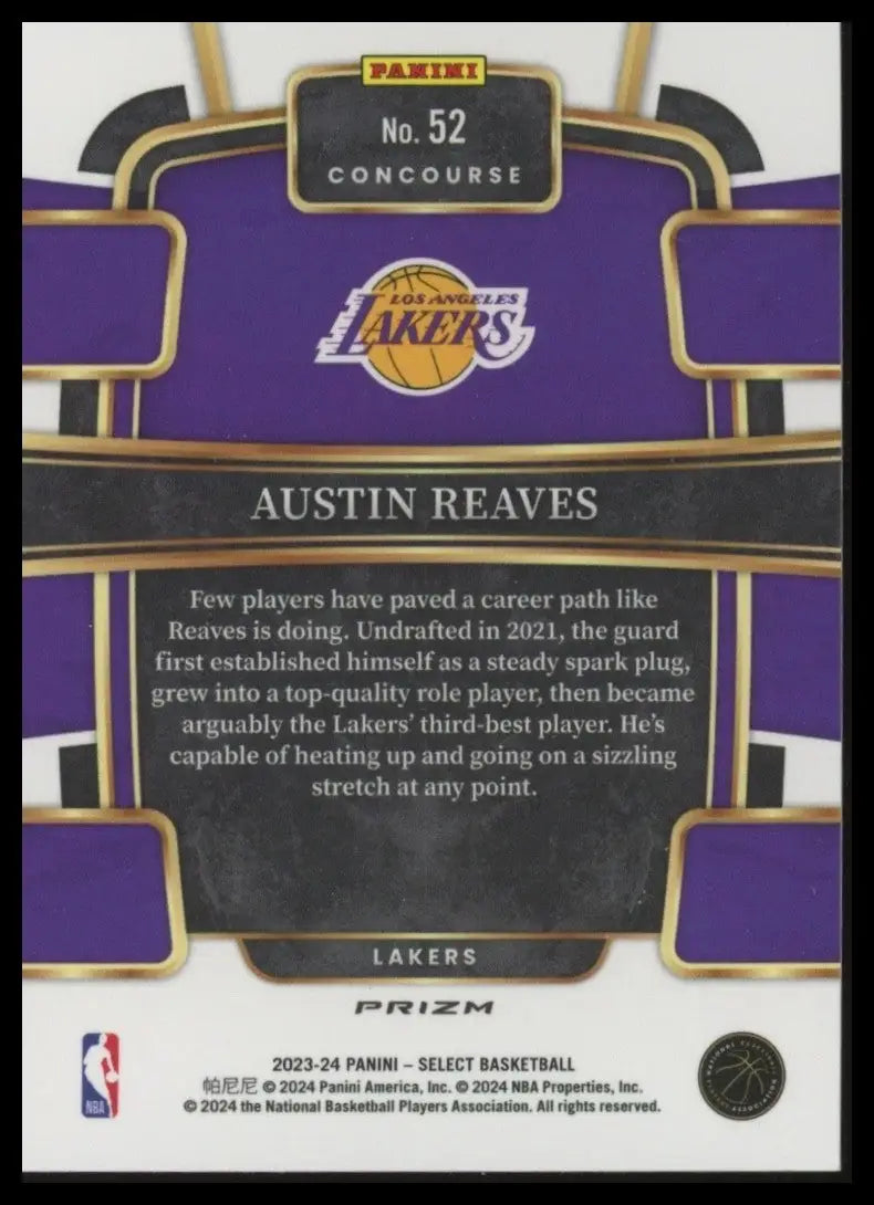 2023-24 Panini Select Blue Concourse Austin Reaves #52 Los Angeles Lakers Card - Basketball Card Single